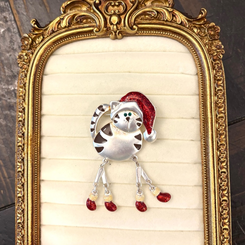 Green Eyed Christmas Cat Brooch Pin Articulated Red Cap Mittens Sparkle Enamel - Picture 6 of 6